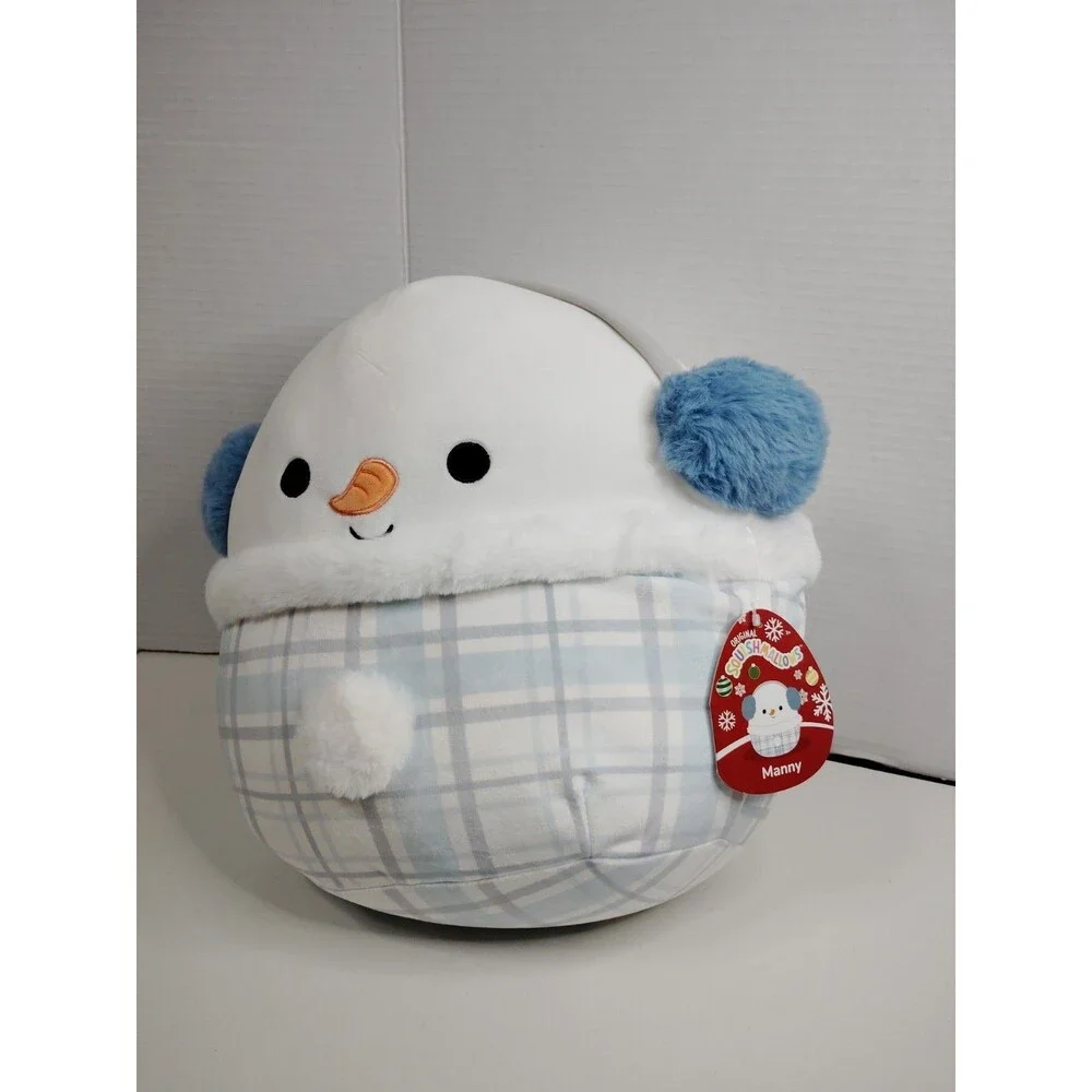 Squishmallows Manny Snowman Plush White/Blue/Gray Plaid Earmuffs, 2022